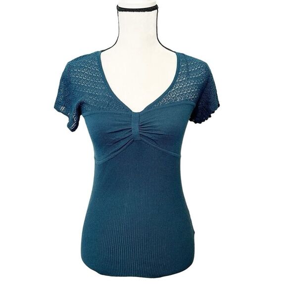 Venus Sweaters - Venus Dark Teal Short Sleeve V-Neck Pullover Knit Sweater Size XS